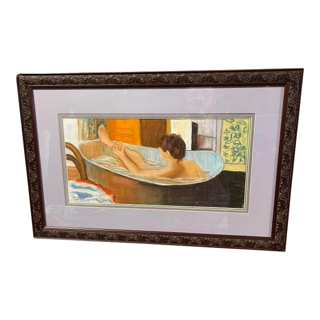 “In a Tub” Original Impressionist Style Figurative Interior Scene, Original Pastel Drawing, Framed For Sale