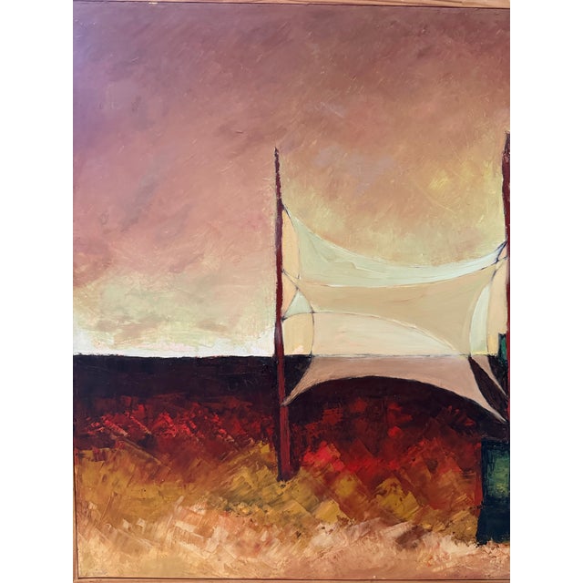 A striking vintage landscape rendered in warm, sun-drenched tones, featuring abstracted forms and architectural elements...
