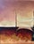 A striking vintage landscape rendered in warm, sun-drenched tones, featuring abstracted forms and architectural elements...