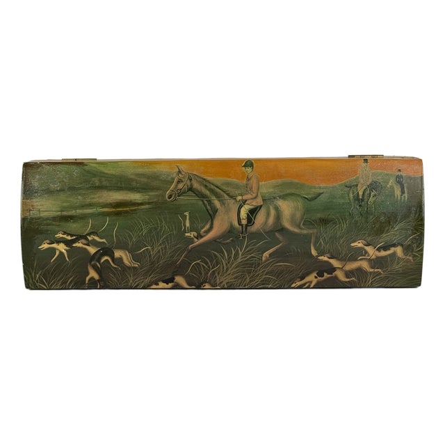 An Old Vintage Elongated Keepsake Box With Horse Rider & Dogs Hunting Scene For Sale