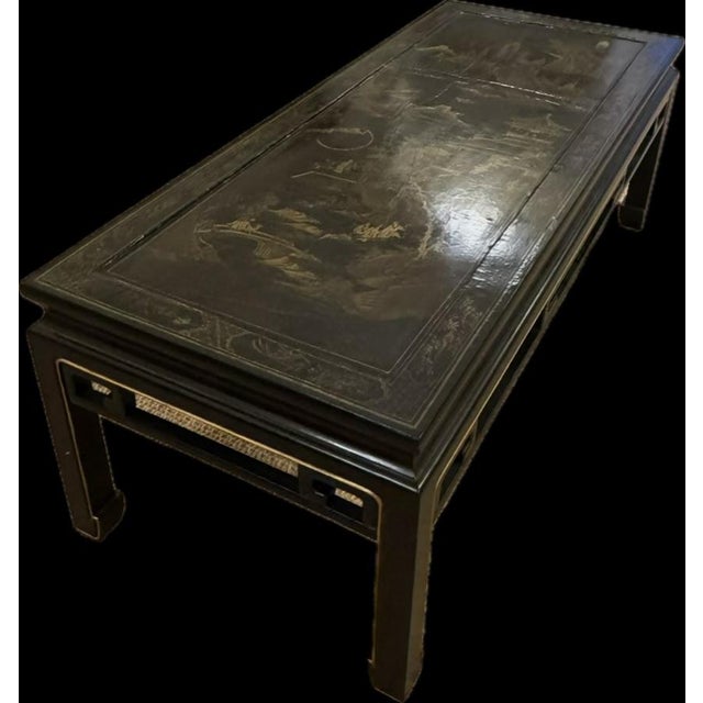 Gold leaf detail, hand painted traditional mountain scene, Pagoda chinoiserie details, black lacquer. Replica circa 1990s