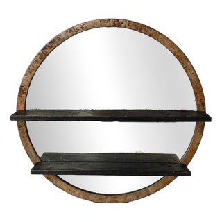 Large Industrial Circular Mirror with Shelves For Sale