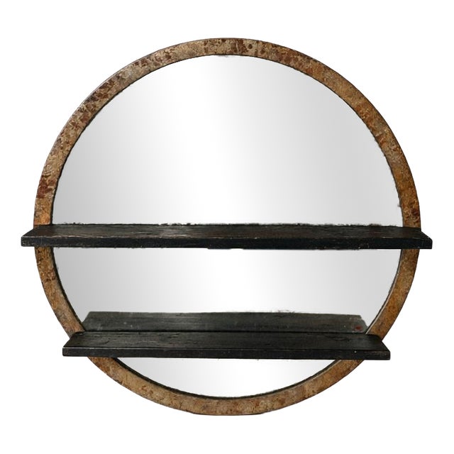 Large Industrial Circular Mirror with Shelves For Sale