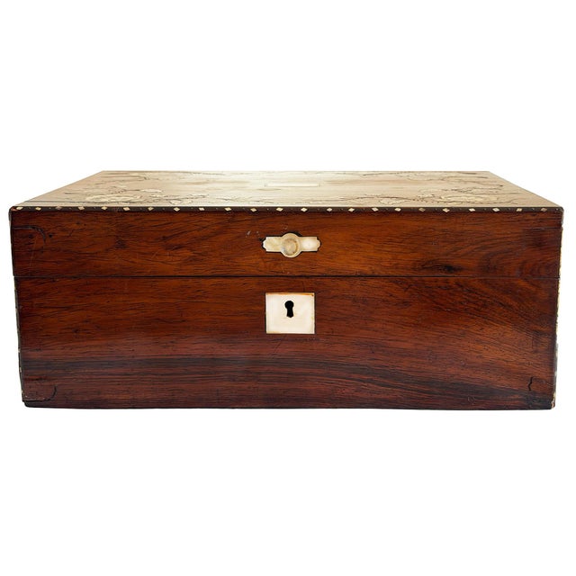 English Late 19th Century Rose Wood Box With Inlaid Mother of Pearl Floral Motive on a Mahogany Handmade Four Leg Stand For Sale - Image 3 of 13