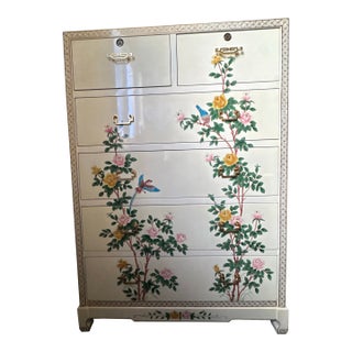Vintage, Floral, White Lacquer Chinoiserie Tall Boy Dresser For Sale