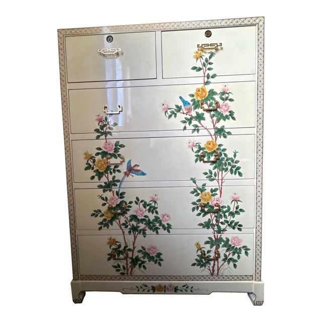 Vintage, Floral, White Lacquer Chinoiserie Tall Boy Dresser For Sale