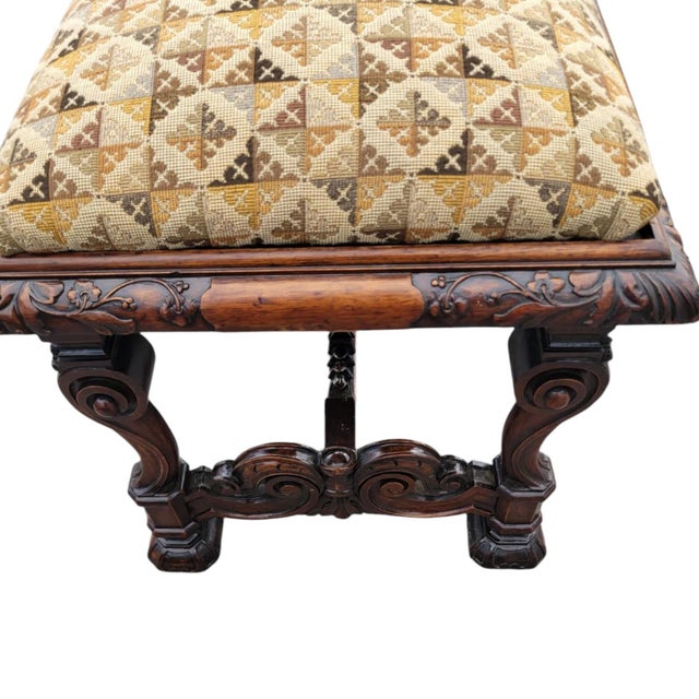 Antique 19th C. French Walnut Upholstered Bench –Hand Carved, Restored & Quality For Sale - Image 13 of 16