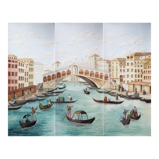 Venetian Grand Canal Hand-Painted Panoramic Wallpaper, 3-Panel Set For Sale