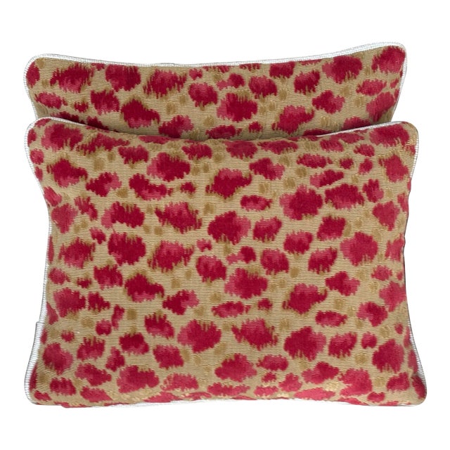 Pair of Brunschwig and Fils Animal Print Chenille Velvet Pillows with Hidden Zipper & Tan Backing For Sale