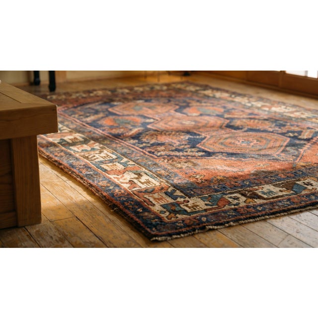 Textile 1930s Blue Navy Medallion Tribal Antique W. Persian Kurdish Rug 4' X 6'6" Knotted Wool Carpet For Sale - Image 7 of 9