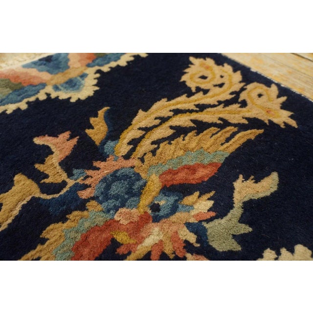 Textile Marvelous Navy Blue Background With a Bird in the Center Antique Chinese Peking Rug For Sale - Image 7 of 8