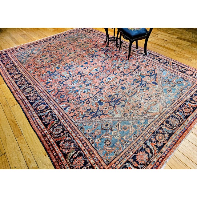 Salmon Antique Persian Mahal Sultanabad Rug, Hand-Knotted Wool, Geometric Pattern, Rust & Turquoise, 9x12 For Sale - Image 8 of 17