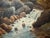 Original watercolor on paper depicting a rocky mountain stream flowing through large boulders beneath a steep dark...