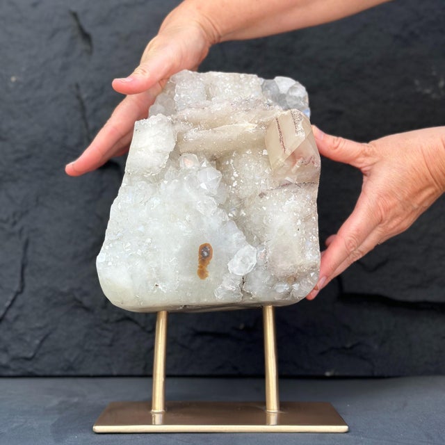 White Natural Quartz Crystal Sculpture on Golden Metal Stand For Sale - Image 8 of 12