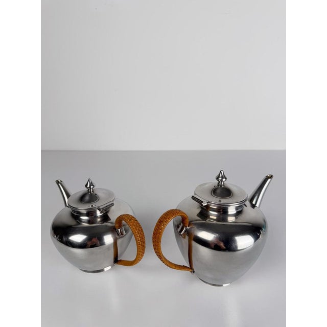 Mid-20th Century Pewter Tea Set with Rattan Wrapped Handlers from Gras et Etienne, 1950s, Set of 3 For Sale - Image 11 of 18