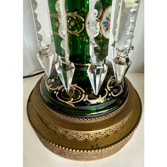 Metal Antique Emerald Green Glass Luster Table Lamps With Crystal Prisms - a Pair For Sale - Image 7 of 12
