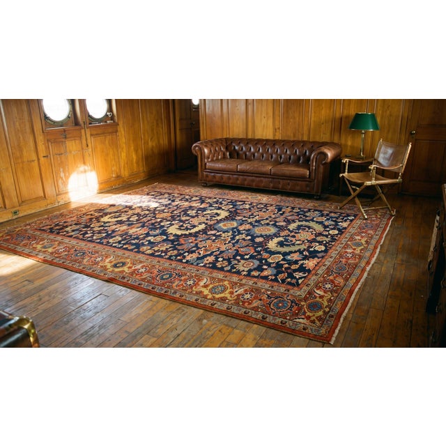 Striking Navy Blue and Red Color With Lancet Leaves, Palmette Design Antique Heriz Rug For Sale - Image 13 of 15