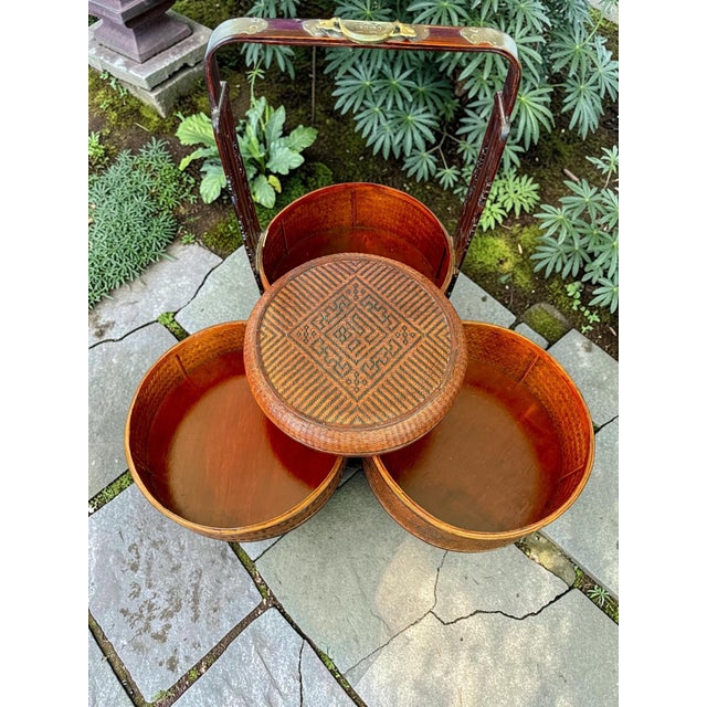 Mid 20th Century Large Chinese Wedding Basket Tiered-Woven Bamboo Rattan-Lacquer-Chinoiserie-Boho For Sale - Image 4 of 11