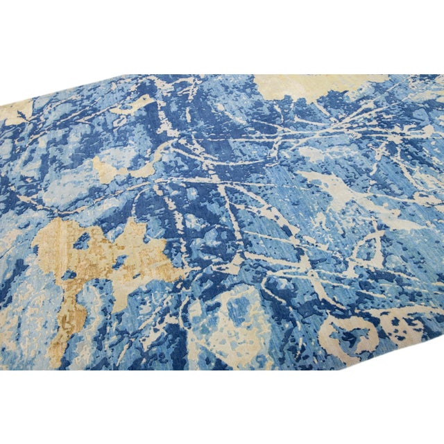 2010s Wool & Silk Modern Handmade Rug With Abstract Blue/Yellow Motif For Sale In New York - Image 6 of 7