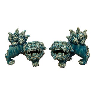 Vintage Turquoise Porcelain Foo Dog Statues - A Pair For Sale