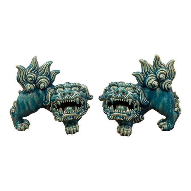 Vintage Turquoise Porcelain Foo Dog Statues - A Pair For Sale