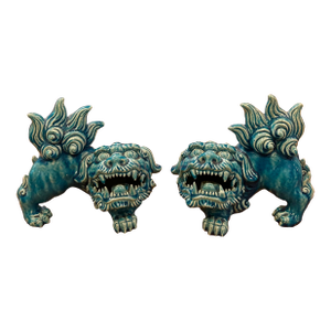 Vintage Turquoise Porcelain Foo Dog Statues - A Pair