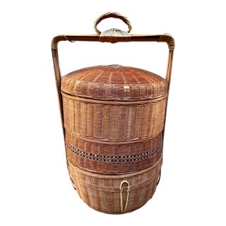 Vintage Chinese Three Tier Wood Woven Wedding Storage Basket For Sale