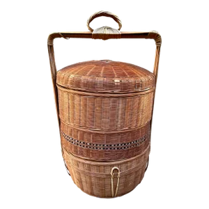 Vintage Chinese Three Tier Wood Woven Wedding Storage Basket