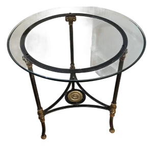 Maitland Smith Style Neoclassical Glass Top Iron and Brass Table