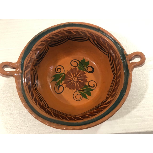 Mexican Large Vintage Mestizo Hand Thrown Mexican Pottery Bowl W/ Handles For Sale - Image 3 of 8