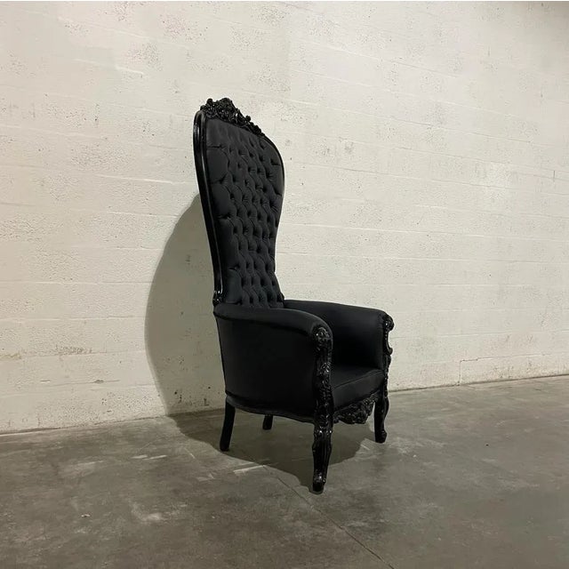 Rococo French Rococo Style Tufted Black Leather Throne Chair For Sale - Image 3 of 8