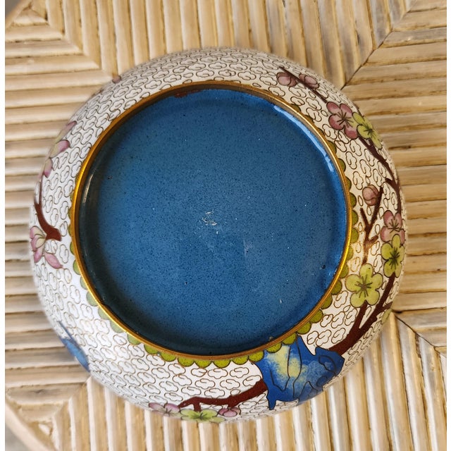 White Vintage Chinese Cloisonne Enamel Bowl With Bluebird and Cherry Blossoms For Sale - Image 8 of 9