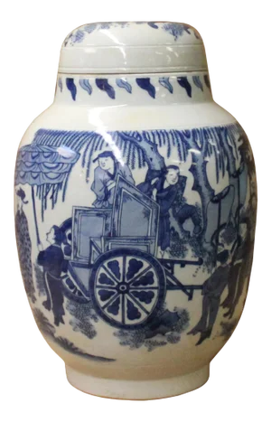Chinese Blue White Round Porcelain People Graphic Accent Jar