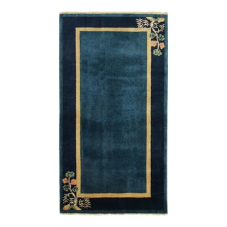 Vintage Chinese Deco Style Rug in Deep Blue, Gold Border With Floral Patterns For Sale