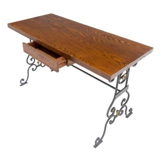 Solid Warmed Chestnut Wrought Iron Base One Drawer Writing Table Desk MINT For Sale