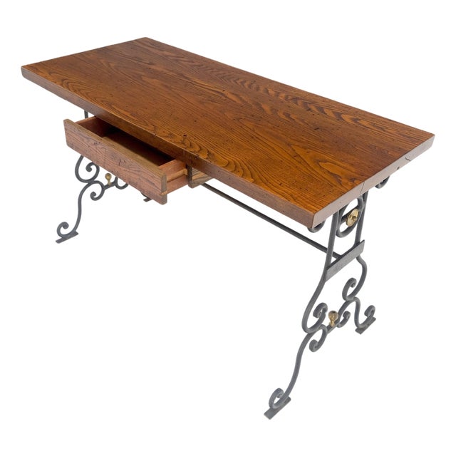 Solid Warmed Chestnut Wrought Iron Base One Drawer Writing Table Desk MINT For Sale