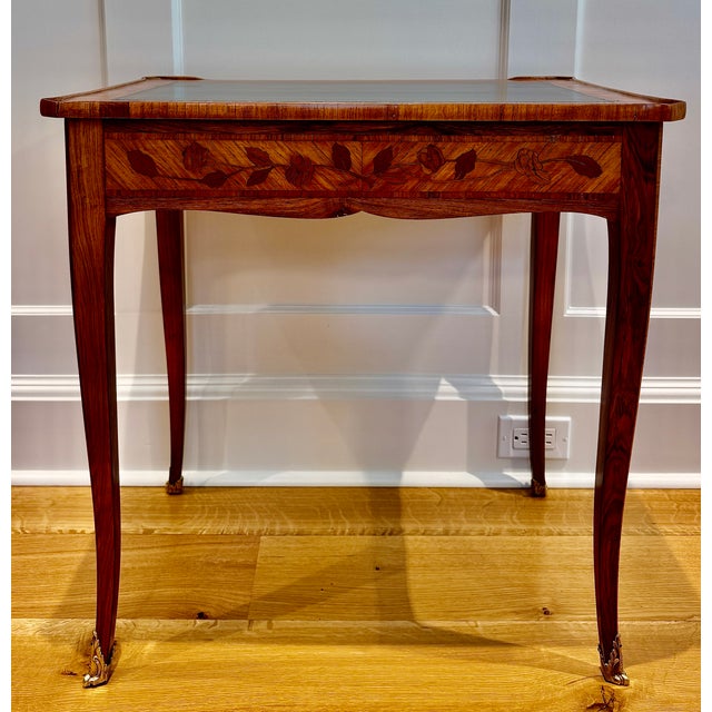 Brown Antique French Louis XV Style Tulipwood Marquetry Writing Table or Side Table With Leather Top For Sale - Image 8 of 18