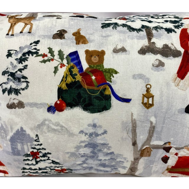 Festive Santa Themed Christmas Bolster Pillow With Vibrant Red Velour-Like Back - Made in U K For Sale - Image 4 of 12