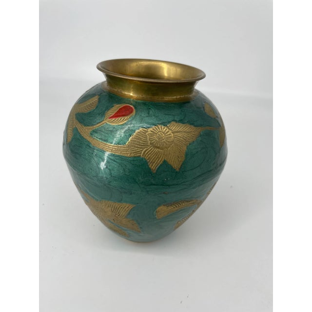 Vintage turquoise enamel and brass vase made in India. Could be used as a functional jar as well. Cloisonne style.