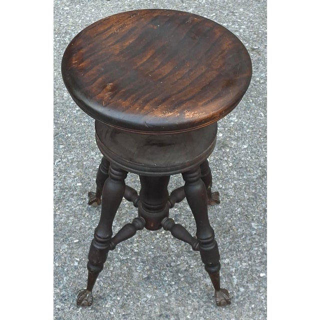 Chocolate 19th Century Oak Revolving Piano Stools With Glass Ball Claw Feet For Sale - Image 8 of 12