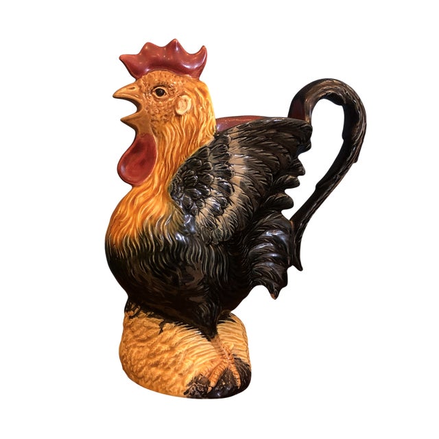 French Majolica Faience Rooster Pitcher Barbotine EB3, 1890s For Sale - Image 3 of 12