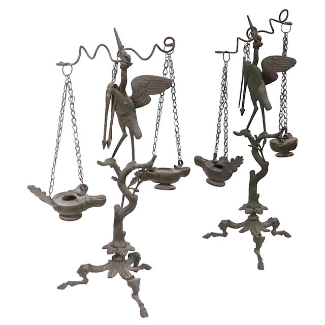Bronze 19th C. Grand Tour Candlesticks Bronze Heron Oil Lamps Made in Italy For Sale - Image 8 of 18