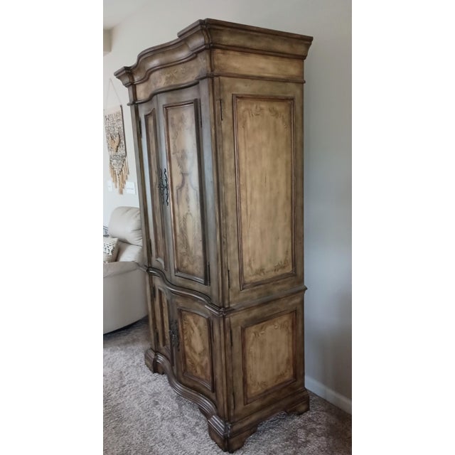 French Provincial Hooker Seven Seas Old World Hand Painted Serpentine Media Armoire 79" X 46" X 25" Brown, Sage For Sale - Image 3 of 14