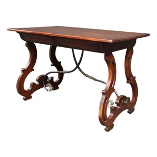 Spanish Colonial Revival Style Mahogany Desk With Iron Stretcher For Sale