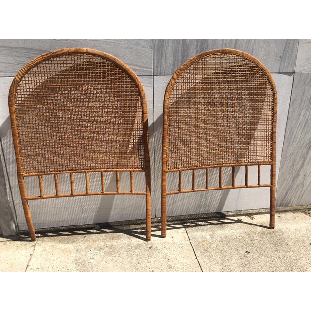 Wood Pair Mid Century Modern Arched Twin Rattan and Cane Headboards For Sale - Image 7 of 8
