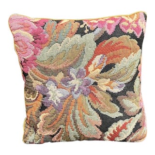 1970s Green Velvet / Floral Needlepoint Throw Pillow For Sale