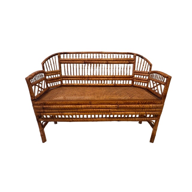 Chinoiserie Vintage Brighton Pavilion Style Burnt Bamboo & Cane Settee Bench, C. 1970s For Sale - Image 3 of 11