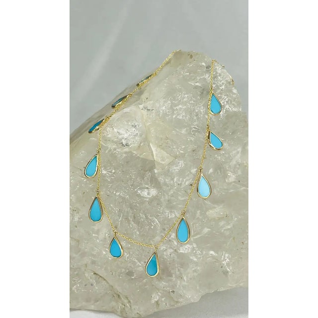Teardrop Shape Turquoise Drop Station Chain Necklace in 18k Gold For Sale - Image 4 of 6