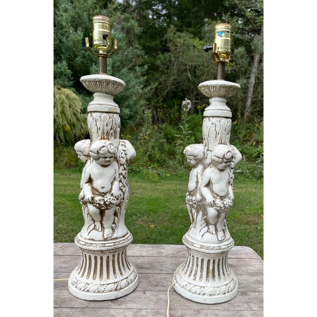 Mid 20th Century Large Vintage Ceramic Putti Cherub Lamps Set of 2 For Sale - Image 4 of 16