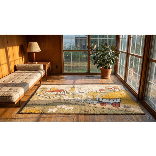 Artistic Small Size Pictorial Antique American Folk Art Prairie Town Farm Animal Scene Hooked Rug For Sale - Image 11 of 13